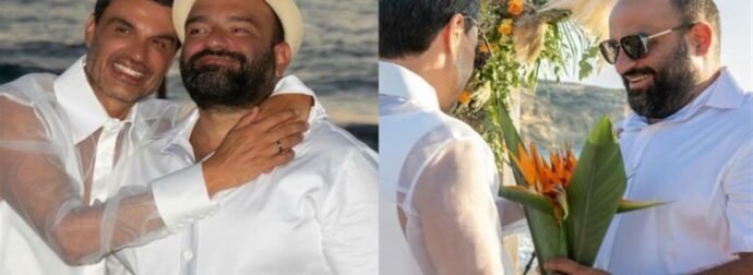 Γάμος υπερπαραγωγή στην Κρήτη: Ντυμένοι στα λευκά ο Παντελής Τουτουντζής και ο σύζυγός του, στο πλευρό τους τα παιδιά τους
