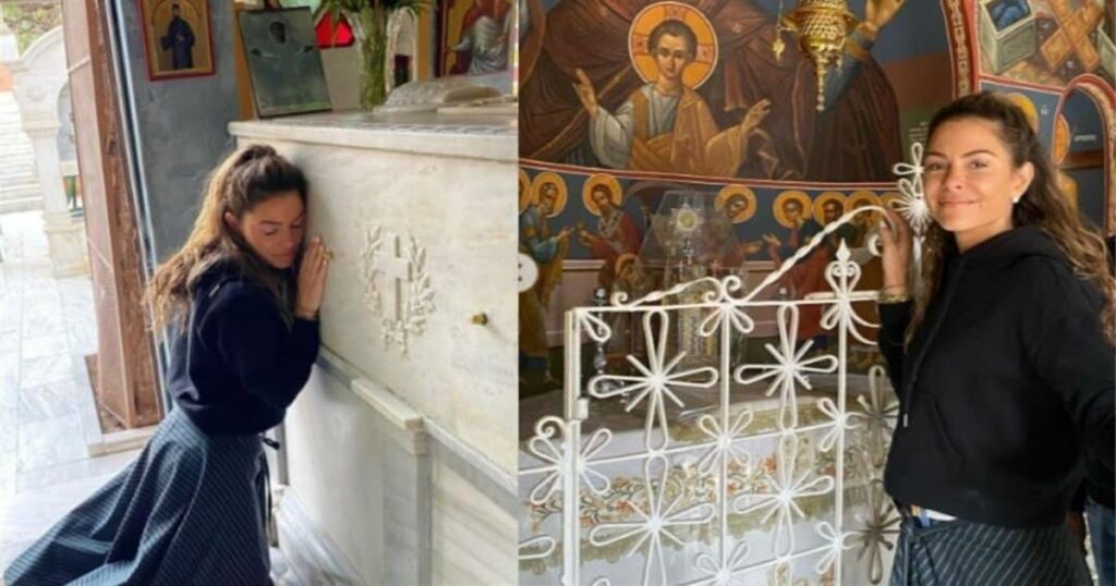 Γονατίζοντας με σεβασμό: Η συγκλονιστική εμπειρία της Μαρίας Μενούνος στον τάφο του Αγίου Νεκταρίου στην Αίγινα.