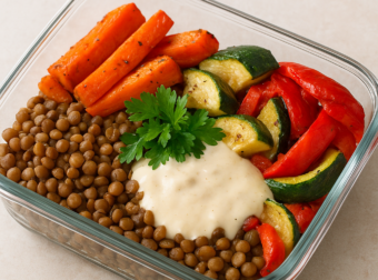 Βίγκαν φακές για meal prep με ψητά λαχανικά και λεμονάτη σάλτσα ταχινιού