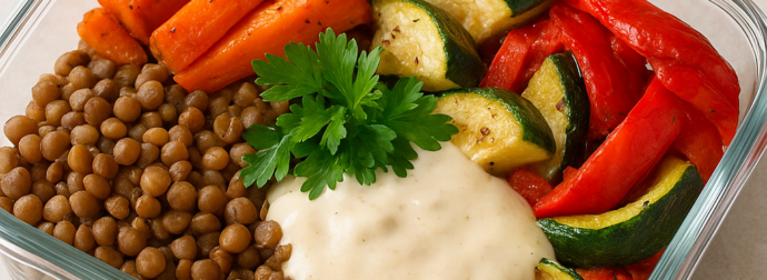 Βίγκαν φακές για meal prep με ψητά λαχανικά και λεμονάτη σάλτσα ταχινιού