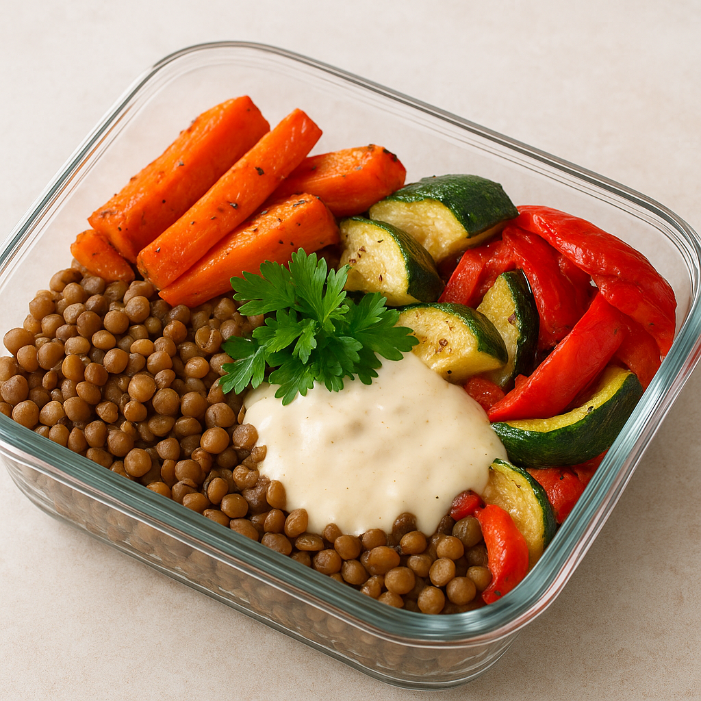 Βίγκαν φακές για meal prep με ψητά λαχανικά και λεμονάτη σάλτσα ταχινιού