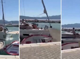Η στιγμή που το τουριστικό ιστιοφόρο προσκρούει σε ελλιμενισμένα σκάφη στο λιμάνι του Καλάμου Λευκάδας – Δείτε βίντεο